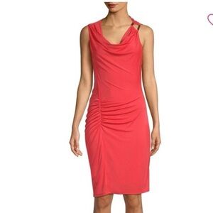 Halston Heritage Ruched Jersey Dress Cowl Neck Gold Detail, Size M